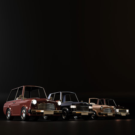 Toy cars isolated on. black background 3d illustration