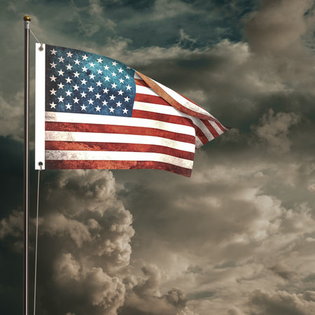 American flag waving under a cloudy sky 3d illustrationの写真素材
