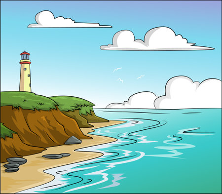 Cartoon vector illustration of a coastline lighthouse sceneのイラスト素材