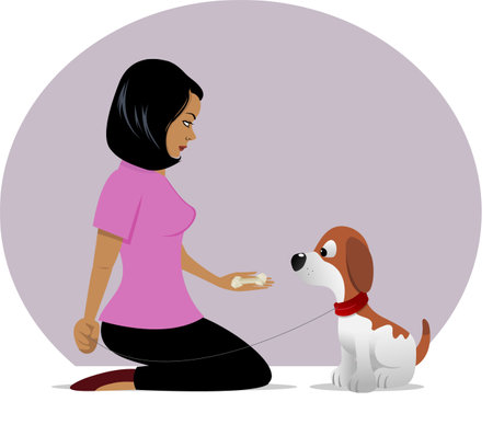 cartoon vector illustration of a dog owner treat temptingのイラスト素材