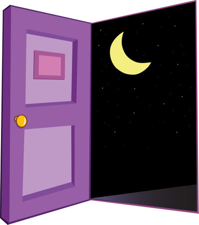cartoon vector illustration of a door open at nightのイラスト素材