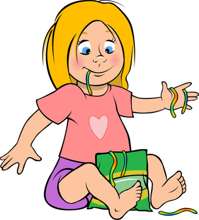 cartoon vector illustration of a girl eating candyのイラスト素材