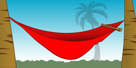 Cartoon illustration of a red hammock between palm treesのイラスト素材