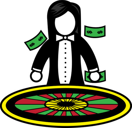 Illustration of a female casino roulette dealer  with money on white backgroundのイラスト素材
