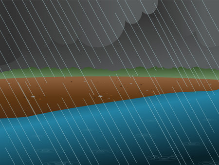 cartoon vector illustration of a rainy riverのイラスト素材