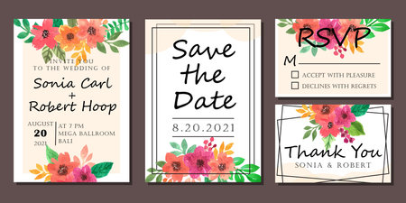 Watercolor Simple Wedding Invitation Template with Flowers Arrangementのイラスト素材