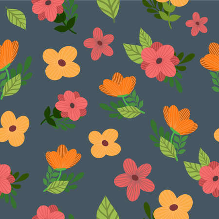 Hand Drawing Simple Flowers Seamless Pattern with Blue Backgroundのイラスト素材