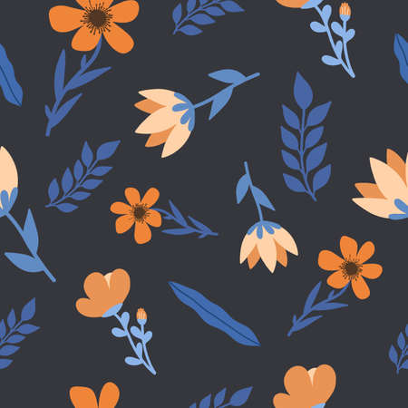 Simple Orange Flowers with Blue Leaves Seamless Pattern for Textileのイラスト素材