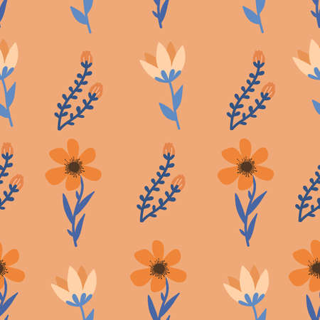 Simple Orange Flowers and Blue Leaves Seamless Pattern with Orange Backgroundのイラスト素材