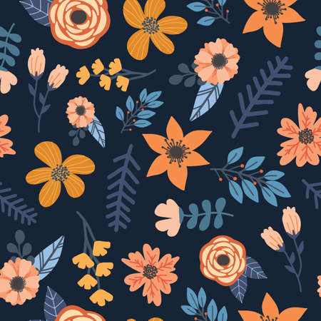 Abstract Orange Flowers &amp; Blue Leaves Seamless Pattern with Dark Blue Background Good for Textileのイラスト素材