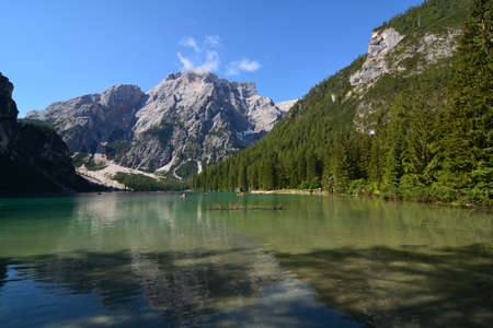 lake braies in the italian dolomitesの写真素材