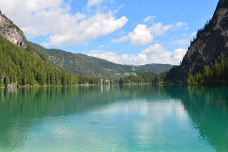 lake braies in the italian dolomitesの写真素材