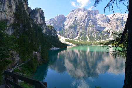 lake braies in the italian dolomitesの写真素材