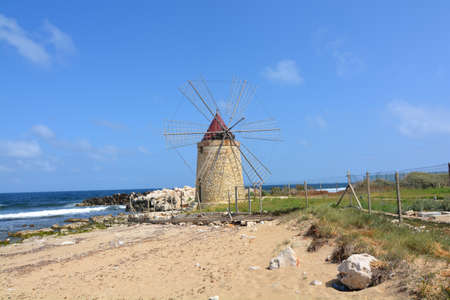 saline windmill of trapaniの写真素材