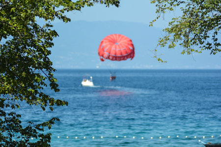 parasailing attraction on the sea of croatia in krkの写真素材