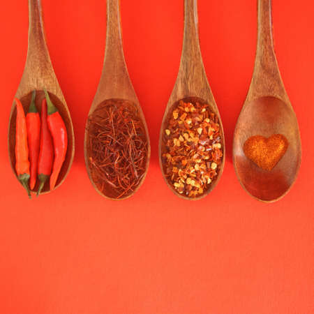 Four brown wooden cooking spoons with different shapes of the chili - the pepperoni on it, chili powder heart-shaped, red background, square, 1:1の写真素材