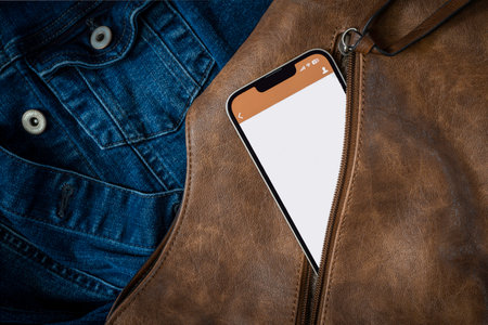 A smartphone with a blank app open looks out of an open zipper of a brown handbag. In the background is a denim jacket, free space on the display, horizontalの写真素材