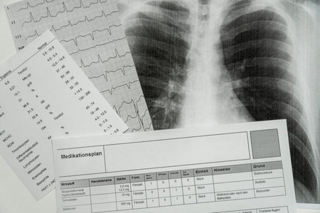 X-ray examination results, ECG and blood values, medication plan, horizontalの写真素材
