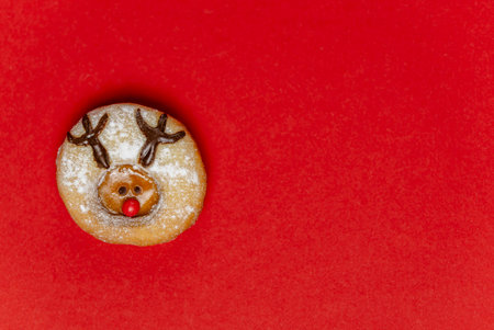 Round cookie with a reindeer face on a red background, free space on the right, horizontalの写真素材