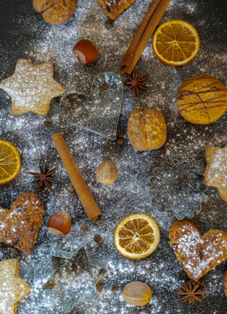 Close-up of baking ingredients and Christmas cookies on a dark background sprinkled with powdered sugar, verticalの写真素材