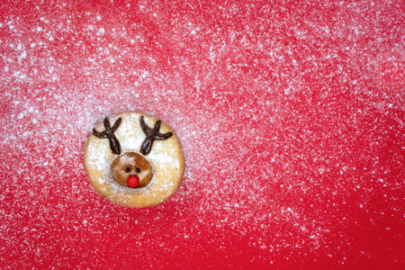 Round cookie with a reindeer face on a red background, free space on the right, horizontalの写真素材