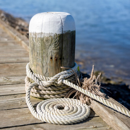 Wooden bollard with rolled-up boat rope on wooden pier, 1:1の写真素材