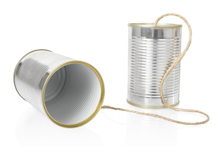 Tin can phone on whiteの写真素材