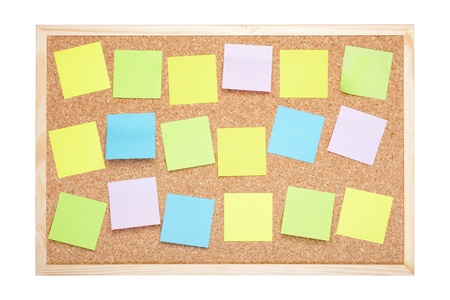 Cork board with blank notes on white, clipping path includedの写真素材