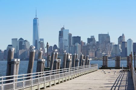 New York city skyline and pier with seagulls in a sunny dayの写真素材