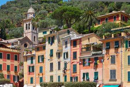 Portofino typical village with colorful houses and church in Italy, Liguriaの写真素材