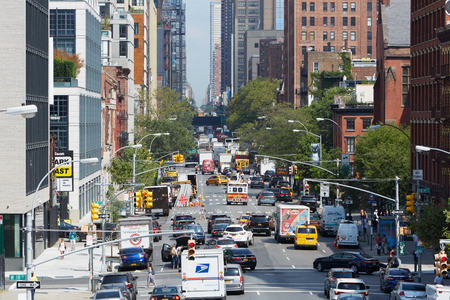 Meatpacking and Chelsea district street aerial view with buildings and traffic on September 9, 2016...