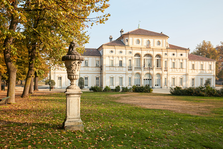 TURIN, ITALY - OCTOBER 14: Baroque Tesoriera villa and vase sculpture in a sunny day in autumn on October 14, 2017 in Turin. The building, opened in 1715, was designed by the architect Jacopo Maggi.のeditorial素材
