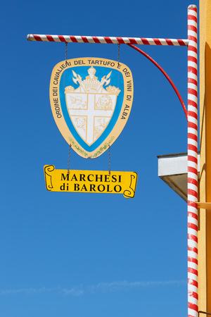 BAROLO, ITALY - AUGUST 6: Marchesi di Barolo coat of arms in a sunny summer day, blue sky in Piedmont on August 6, 2016 in Barolo, Italy.のeditorial素材