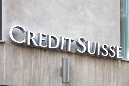 SANKT MORITZ, SWITZERLAND - AUGUST 16, 2018: Credit Suisse, swiss bank sign in Sankt Moritz, Switzerlandのeditorial素材