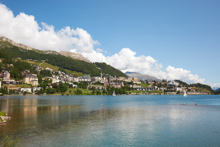 Sankt Moritz town and lake in a sunny summer day in Switzerland