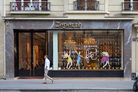 PARIS, FRANCE - JULY 07, 2018: Repetto, dance and fashion store with golden letters sign in Paris and marble facadeのeditorial素材
