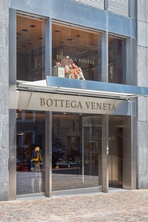 SANKT MORITZ, SWITZERLAND - AUGUST 16, 2018: Bottega Veneta luxury store in a sunny summer day in Sankt Moritz, Switzerlandのeditorial素材
