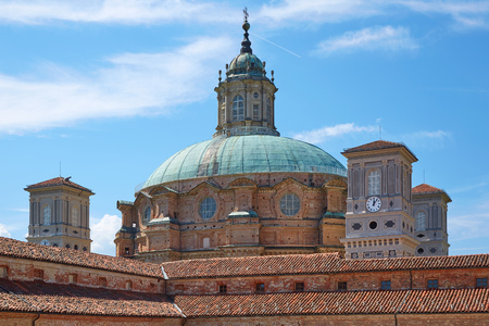 Sanctuary of Vicoforte church and red rooftops in a sunny summer day in Piedmont, Italyの写真素材
