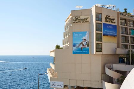 MONTE CARLO, MONACO - AUGUST 21, 2016: Fairmont luxury hotel building in a sunny summer day, sea view and Nikki beach terrace in Monte Carlo, Monaco.のeditorial素材