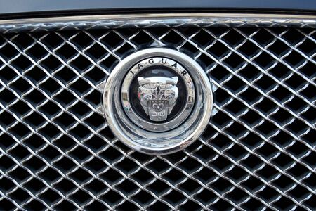 MONTE CARLO, MONACO - AUGUST 19, 2016: Jaguar luxury car silver logo in a summer day in Monte Carlo, Monaco.のeditorial素材