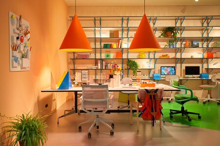 MILAN, ITALY - APRIL 11, 2019: Milan Design Week, Vitra stand installation and exhibition during...