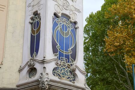 TURIN, ITALY - SEPTEMBER 10, 2017: Art Nouveau building villa Fenoglio Lafleur bow window detail with floral decorations in Turin, Italyのeditorial素材