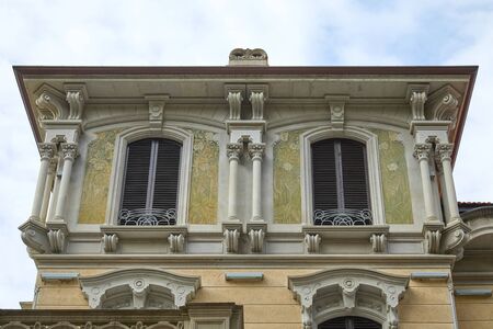 TURIN, ITALY - SEPTEMBER 10, 2017: Art Nouveau building architecture with green floral decorations in Turin, Italyのeditorial素材