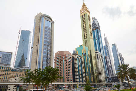 DUBAI, UNITED ARAB EMIRATES - NOVEMBER 21, 2019: Sheikh Zayed Road, modern skyscrapers low angle...