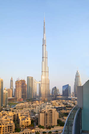 Burj Khalifa skyscraper and Dubai city view from balcony in a clear, sunny morningのeditorial素材