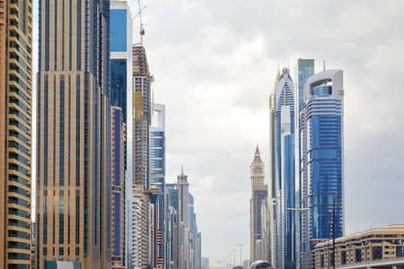 DUBAI, UNITED ARAB EMIRATES - NOVEMBER0 21, 2019: Sheikh Zayed Road skyscrapers in a cloudy day