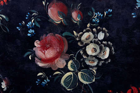 Pink roses, white and blue flowers bunch painted on black backgroundの写真素材
