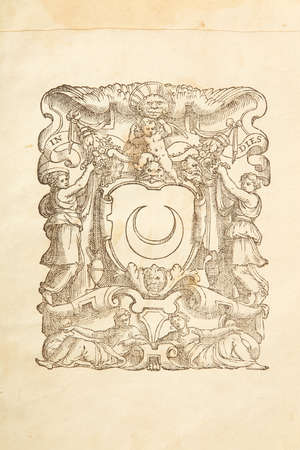 Ancient paper page with design with half moon and angel backgroundの写真素材