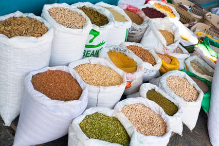 Soia Beans, Beans, Legumes, Spices in Whit Bags in Arabic Marketの写真素材
