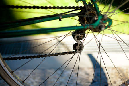 Bicycle chain on old dark green bike with light green lawnの写真素材